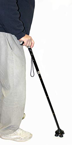 RMS Folding Cane with Quad Base - Foldable and Collapsible Quad Cane - Lightweight Aluminum Offset Cane - Adjustable Walking Stick with Wrist Strap and Ergonomic Derby Handle (Black)