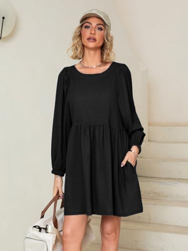 WOMENS BABYDOLL DRESS PUFF SLEEVE FLOWY SUMMER MINI DRESSES BLACK S