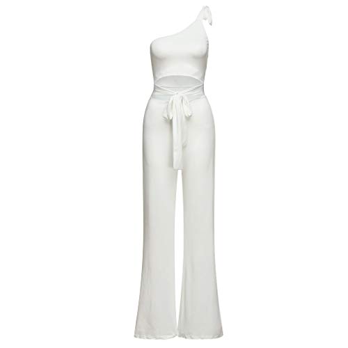 Sunyastor One Shoulder Jumpsuits for Women Elegant Night Sexy Casual Summer Rompers Wide Leg Shorts Long Pants Belt Pockets White - Thumbnail 2