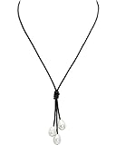 Pearlypearls 3 Freshwater Pearl Pendant Necklace on Black Leather Cord Jewelry for Women 18''