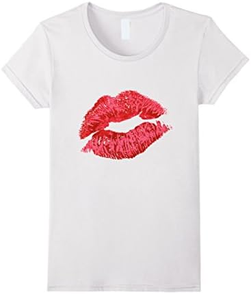 Women's Sexy Lips Red Lipstick Kiss T-Shirt Medium White