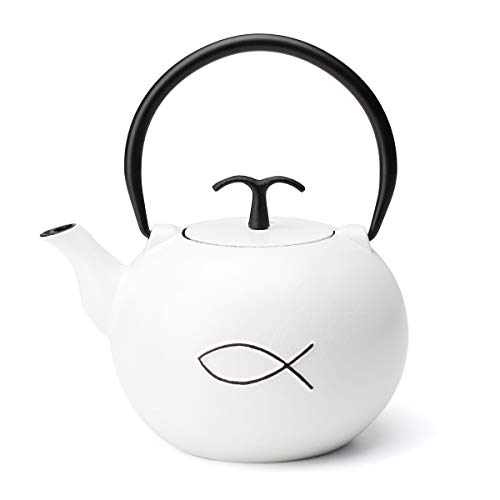 Tea Kettle, Toptier Japanese Tetsubin Cast Iron Teapot with Infuser for Loose Tea, Tea Kettle Stovetop Safe, 34 Ounce (1000 ml), White Fish