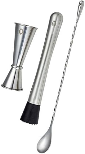 Think Home Art -Three-Piece Bar Set — Double Cocktail Stainless Steel Bar Measuring Jigger Set 1 &amp; 2 Ounce — Drink Muddler Tool — 11” Bartending Mixing Spoon — Ebook "Cocktails"