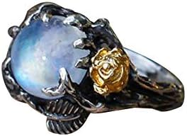 display08 Vintage Round Faux Moonstone Inlaid Rose Leaves Women Ring Party Jewelry Decor