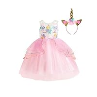 VOGUEON Kids Unicorn Costume Dress Girl Princess Flower Pageant Party Tutu (6-7 Years, Pink)