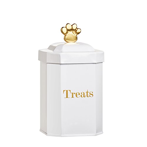 Click Here to See More Images Amici Pet, A5GS040R, Posh Pet Collection Metal Storage Canister, Food Safe, Gold Paw Shaped Handle, Made in India, 36 Ounces, Small