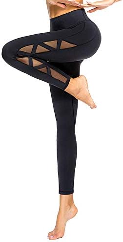 romansong Women's Mesh Leggings Yoga Pants with Pocket, Non See-Through Capri High Waisted Tummy Control 4 Way Stretch