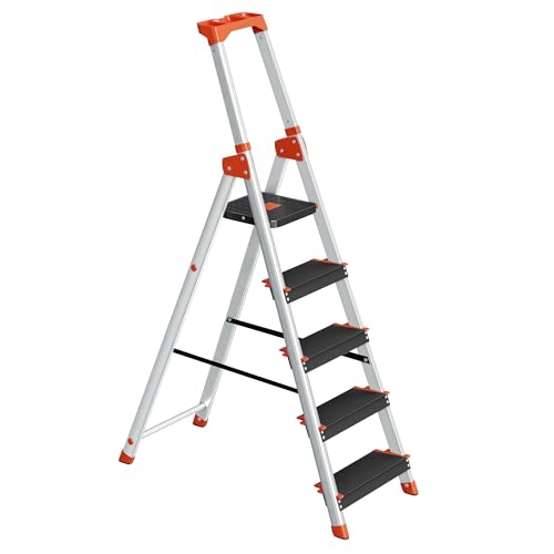 SONGMICS Aluleiter mit 5 Stufen, mit Handlauf, Werkzeugschale