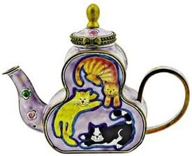 Kelvin Chen Miniature Teapot, 3 Circling Cats at Play, Enameled with Hinged Lid