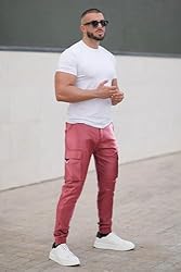 GINGTTO Mens Red Faux Leather Cargo Pants Slim Fit