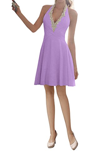 Amore Bridal Women Beaded Halter Beach Wedding Bridesmaid Dress Chiffon Prom Gown Lilac, 6