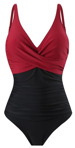 31Smpk2+FCL La Orchid Einteiliger Badeanzug Bademode V Ausschnitt Damen Badeanzug Bauchweg Push Up Bademode Swimsuit High Waist Schwimmanzug Rot Mit Schwarz Xl