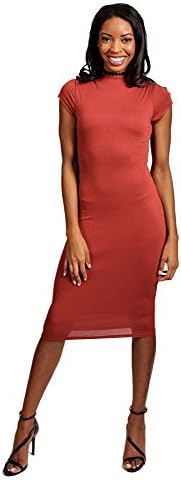 Cap Sleeve Mock Neck Lined Bodycon Midi Dress (Small, Marsala)
