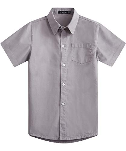 Spring&Gege Boys' Short Sleeve Solid Formal Cotton Twill Dress Shirts Silver 13-14 Years