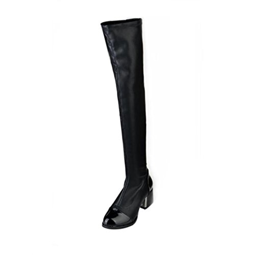 Women Boots, áƒ¦ Ninasill áƒ¦ Exclusive Leather Over Knee Boots Women Toe Elastic Stretch Thick Heel Boots (8, Black)