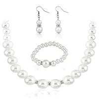 Tatibana Faux Pearl Necklace Earring Set, Silver Women Jewelry Set for Women Wedding Bridal Jewelry
