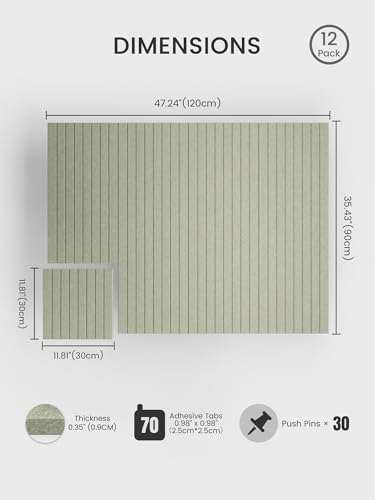 Bumusty Large Cork Board Alternative-48 x 36" Felt Bulletin Board Tiles, with 30 Pushpins, 70 Adhesive Tabs, 12-Pack Slat Wall Paneling, Cork Boards for Office Push Pin Board Felt Board-Sage