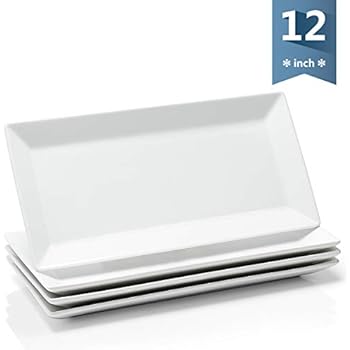 Sweese 705.101 12 Inch Porcelain Rectangular Plates, White Serving Trays for Parties - Stackable, Set of 4
