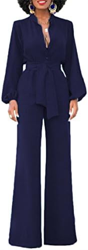 Corala Women Long Sleeve Solid Button Wide Leg Long Jumpsuits Romper Pants With Belt
