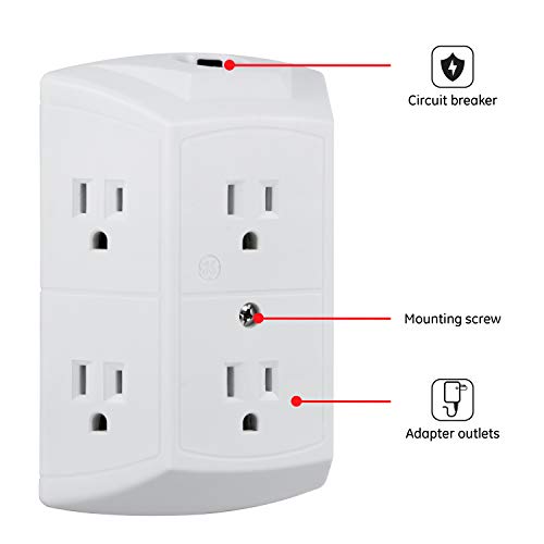 GE 6Outlet Wall Tap, 2 Pack, Reset Button, Circuit Breaker, Power