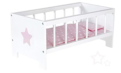Puppenbett Sternchen aus Holz Bett Stern Holzbett Gitterbettchen (Weiß-Rosa)