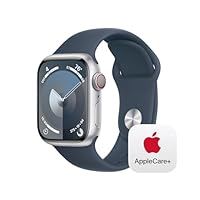 Apple Watch Series 9 [GPS + Cellular 41mm] Smartwatch with Silver Aluminum Case with Storm Blue Sport Band S/M with AppleCare+ (2 Years)