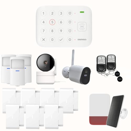 Daewoo WLAN/GSM-Alarmanlage Vigilia VIG104+ – Kabelloses und ohne Abonnement, kompatibel mit Tieren, Detektoren und Solarsirene inklusive. + Überwachungskameras Full HD, App inkl.