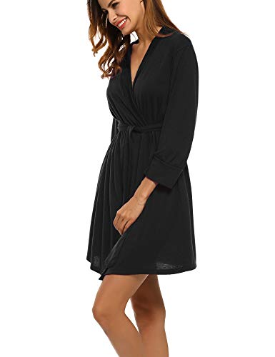 UNibelle Morgenmantel Damen Kurz aus Baumwolle Dünn 3/4 Ärmel Bademantel Kimono Saunamantel Robe Negligee Mit V… – Bild 3