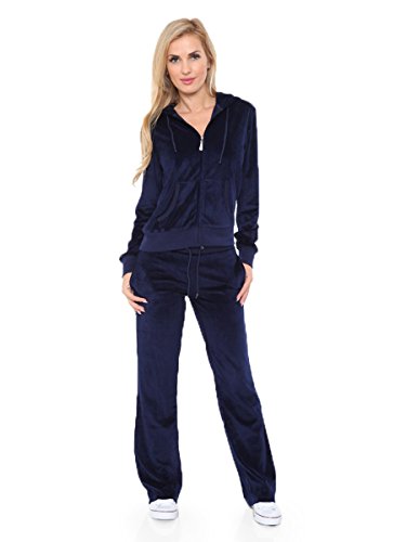 Womens Comfortable and Stylish Velour 2 Piece Tracksuit Set Large Navy