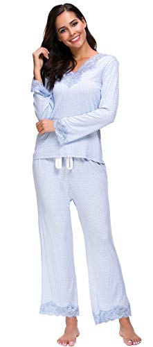 Jusfitsu Womens Cotton Pajamas Set Long Sleeve Top Shirt with Pants Sleepwear Modal Soft Loungewear Lace Pattern M