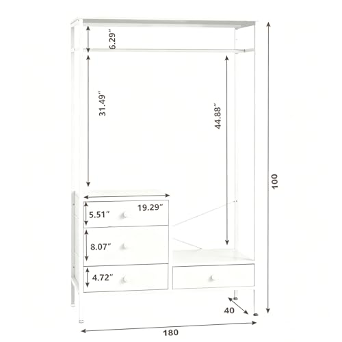 STAR BURN Closet Armables Para Ropa, Acero+Madera Tarea Pesada Rack Para Ropa, perchero con 4 cajones, Armario de Acero y Madera con Barra para Colgar, Adecuado para Dormitorios y Lavaderos(Blanco)