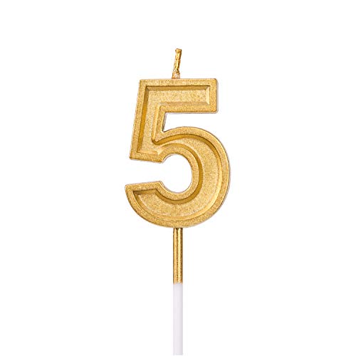 LUTER Gold Glitter Happy Birthday Cake Candles Number Candles Number 5 Birthday Candle Cake Topper Decoration for Party Kids Adults