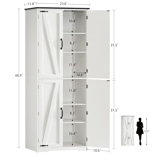 TEENFON 67" Kitchen Pantry Cabinet with 4 Doors, Farmhouse Pantry Cabinet with Adjustable Shelves, Storage Cabinet for Kitchen, Bathroom, White