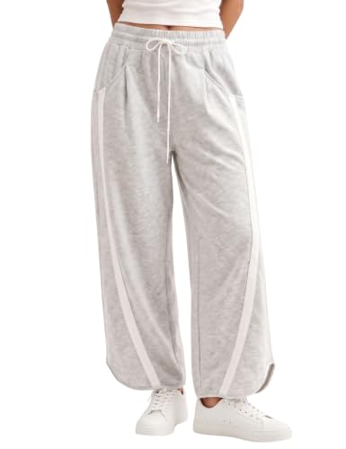 Bankeng Women's Casual Sweatpants Elastic Waisted Contrast Color Drawstring Athletic Wide Leg Pants with Pockets (Grey,M) at Amazon
