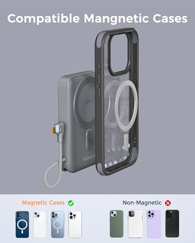 TESSAN 10000mAh Power Bank Inalabrico, PD 35W Cargador USB C Magnética Carga rápida, Batería Portátil con Cable USB-C Incorporado y Soporte Compatibles con iPhone Serie 17/16/15