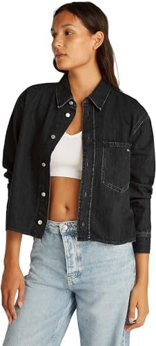 Camisa de ganga cropped de mulher com bolso no peito, preta (preto de ganga), M