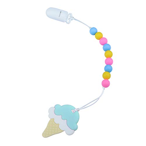 MEGODAY Designer Teether Pacifier Holder with Baby Teething Toy,Silicone Ice Cream Chewlery for Boys and Girls,Universal MAM Soothie Clip Adapter (Blue/Yellow/Pinks)