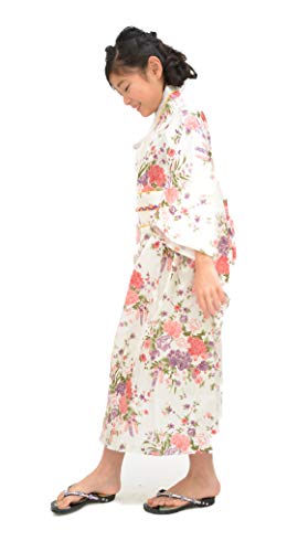 Tikusan Japanese Traditional Dress Kimono Yukata Robe for Kids Girls Costume (8-9 Years, White)
