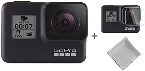 Hero 7 Black Waterproof Digital Action Camera with Touch Screen 4K HD Video 12MP Photos Live Streaming Stabilisation + 2pack Clear Tempered Glass Lens Protector + 1 pack lens cloth