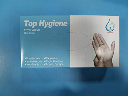 Top Hygiene, Disposable powder free, Latex free, clear, large size vinyl gloves (Pack quantity 100 in a box), ambidextrous and smooth surface