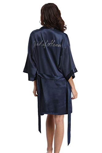 Vogue Bridal Women's Satin Rhinestone Short Wedding Kimono Robe for Maid of Honor, Navy L