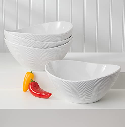 Euro Ceramica Highlands 4 Piece Porcelain Ramen Bowl Set for 4, Modern Chevron Texture, White - 36oz – Chip Resistant – Perfect for fruits salads one bowl meals noodle soup