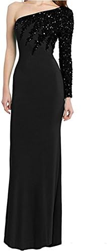Women's Beaded One Long Sleeve Sheath Formal Evening Dresses Long Black 12
