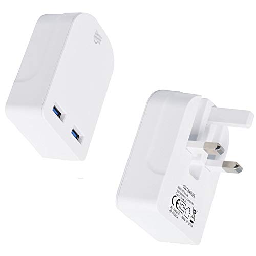 AMO White Foldable Charger High-speed Dual USB wall adapter USB-A Ports Compact Travel Charger Compatible For iiPhone/i Pad/i Pod/Samsung Galaxy Tab/HTC/Tablet etc