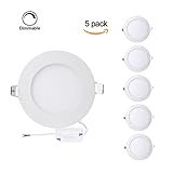 ProGreen Pack of 5 Units 12W Flat LED Panel Light, Dimmable Round Ultrathin LED Recessed Downlight, 960lm, Cold White 5000K, Cut Hole 6.1 Inch, Panel Ceiling Lights with 110V LED Driver