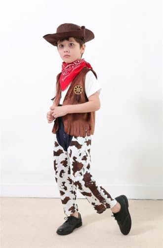4 Pcs Cowboy Costume Kids Dress Up, Cowboy Costume for Boys, Dress Up Set with Waistcoat, Bandana and Hat for Baby Little Kids Boys, Brown, Birthday Halloween Party Cosplay Size 120cm