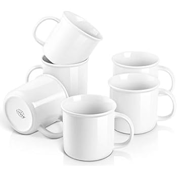 LIFVER 18 Ounces Coffee Mugs, Large Porcelain Cups for Coffee, Tea, Cocoa, Retro Style Mug Sets, Housewarming Gift, Set of 6, White