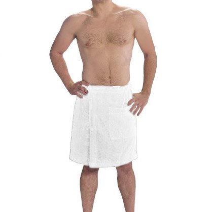 Men`s Cotton Terry Velour Bath Wrap Towel with Pocket (White)