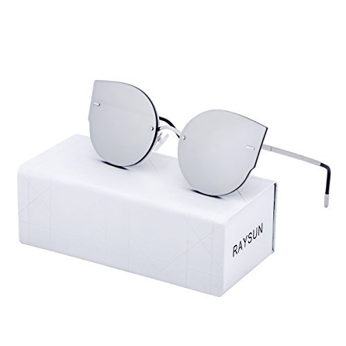 RAYSUN Women Cat Eye Mirrored Flat Lenses Sunglasses Rimless Trendy Frameless Fashion Metal Frame Cute Glasses (Silver)