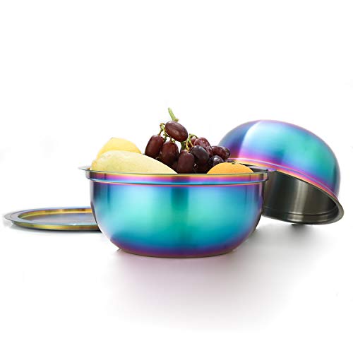 Rainbow Mixing Bowl Set of 2 with Lid 18/10 Stainless Steel Salad Bowl for Kitchen Cooking, Baking, Food Prep, Nesting Bowls With cover for Fridge Metal Storage cookware 2.6, 3.2 Liter Dishwasher Safe - Thumbnail 7